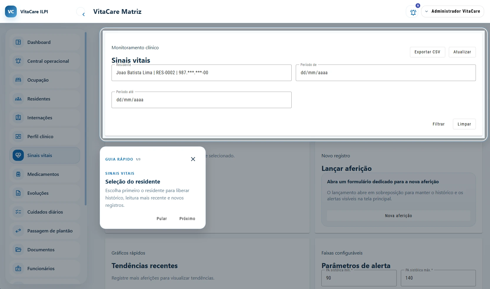 Módulo de acompanhamento de sinais vitais do VitaCare ILPI.