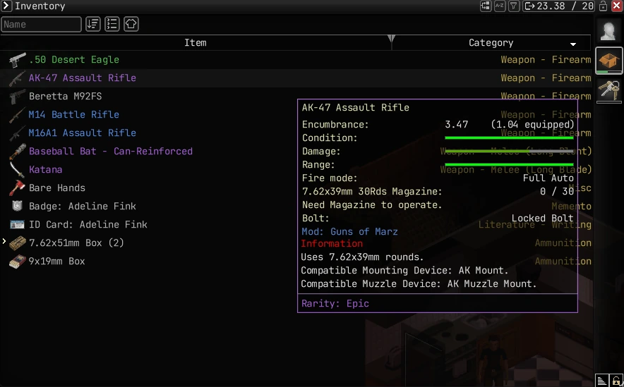 Inventário do Project Zomboid com itens classificados por raridade, tooltip detalhado e tier Epic.