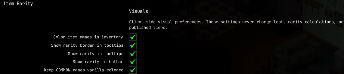 Configurações visuais do mod Item Rarity.